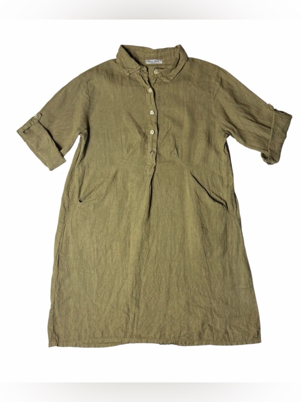 Elena Baldi Linen Dress Tunic Olive Green Roll Tab Sleeve Size Large - Picture 3 of 11